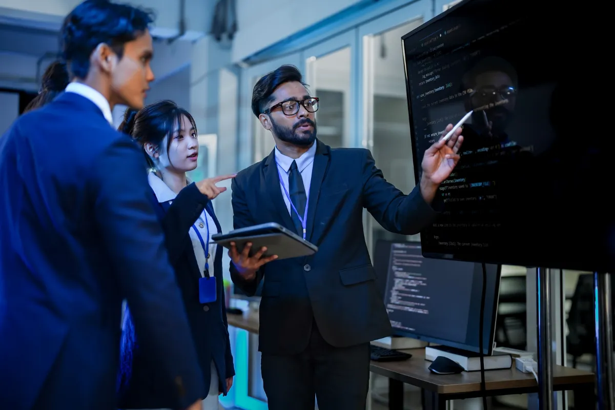 Team in suits reviewing code on a wall screen
