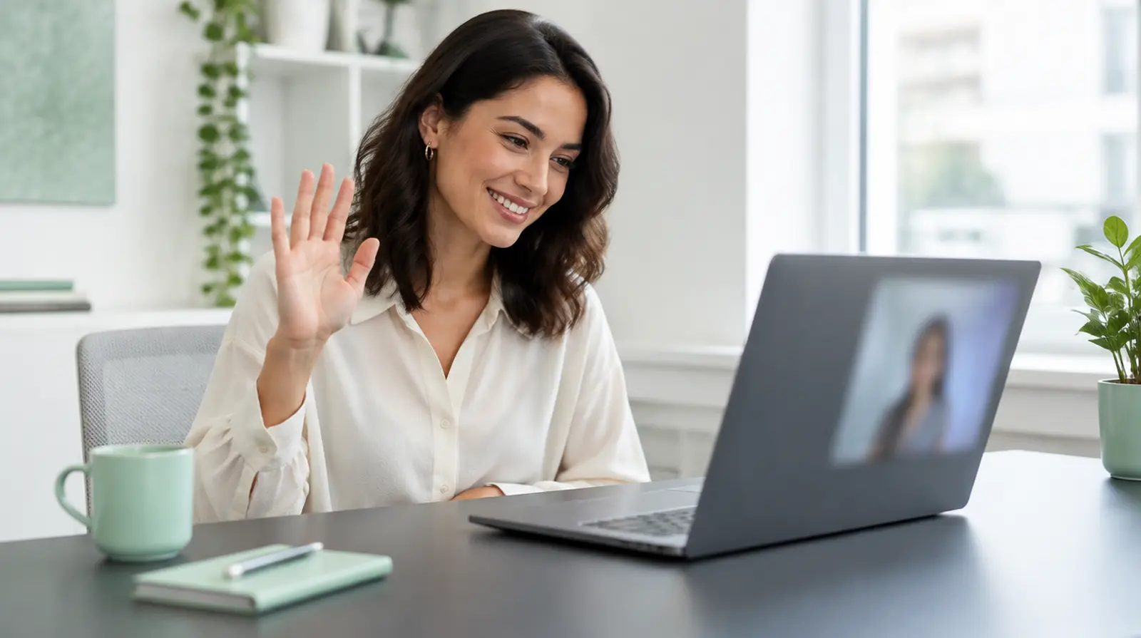 Professional waving hello on a video call
