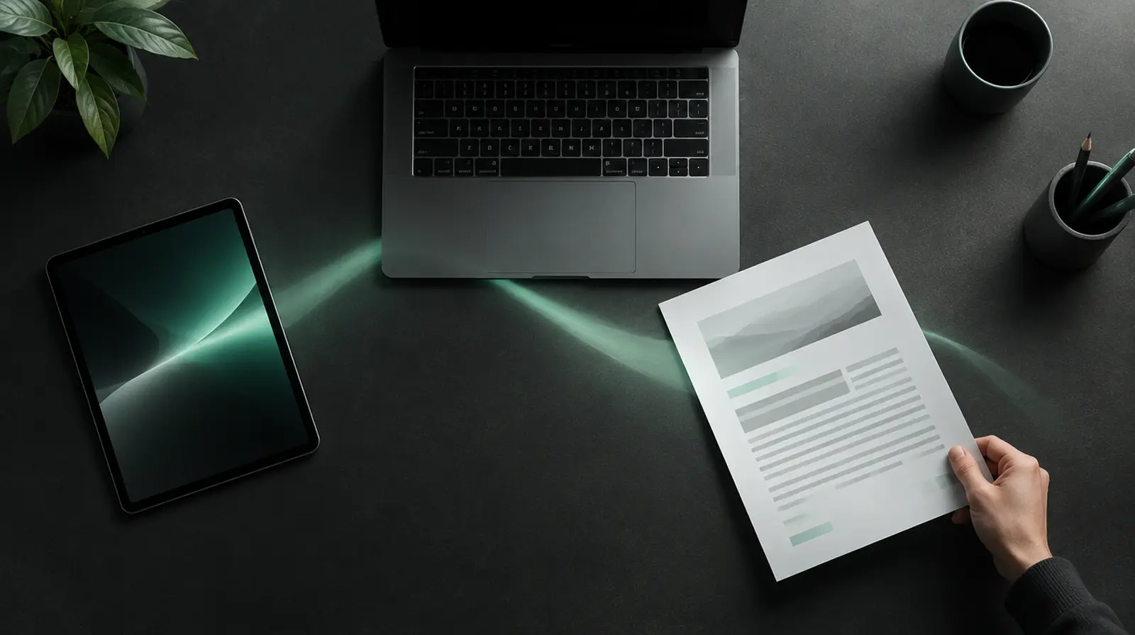 Laptop, tablet and printed document on a dark desk linked by a sweep of light