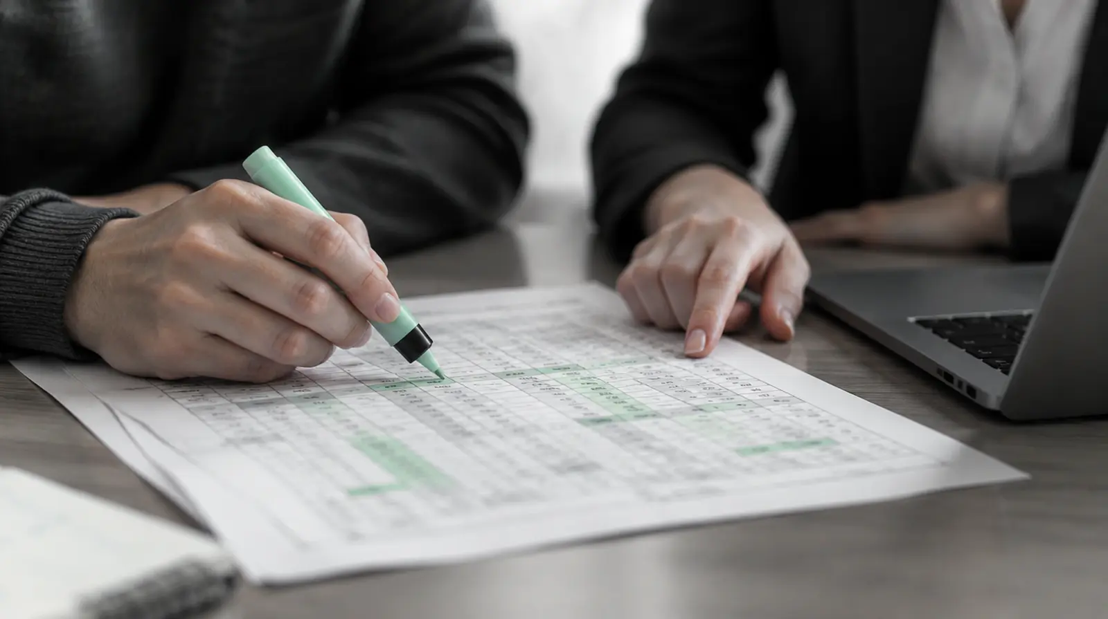 Two reviewers checking a printed grid report with a highlighter