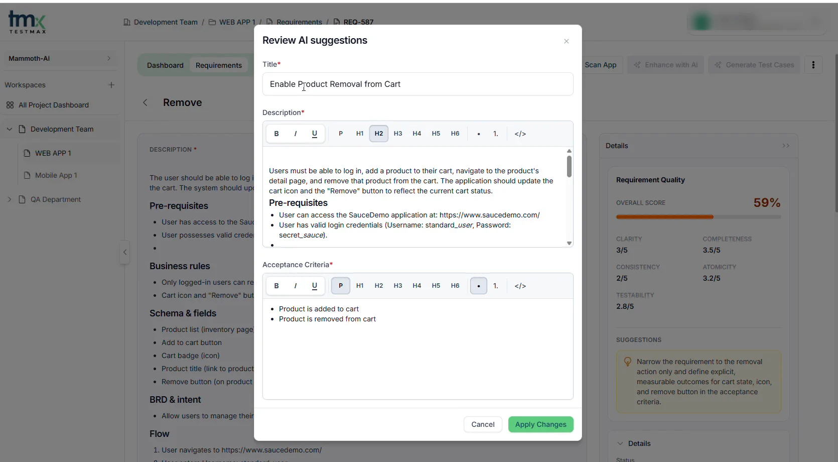 Review AI suggestions dialog with a rewritten requirement ready to apply