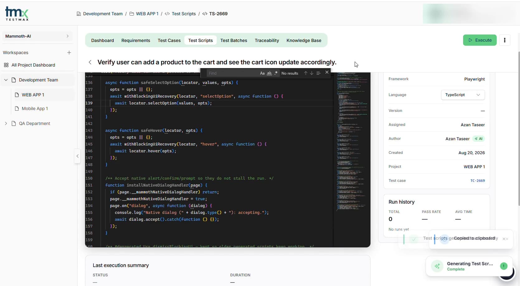 Generated automation script shown as raw code in the TestMax editor, with Find, Copy and Edit controls